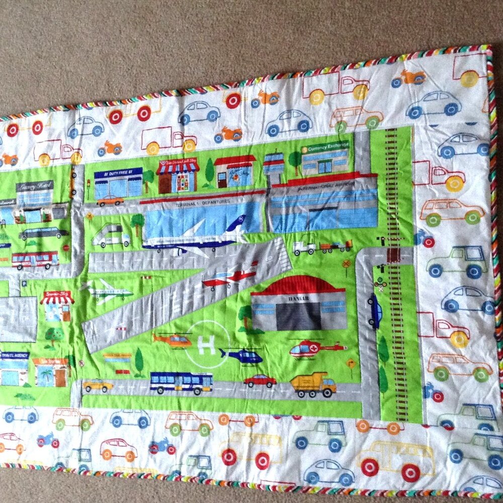 Handmade Children's Toddlers Quilt Quilted Blanket Playmat Airplane Airport